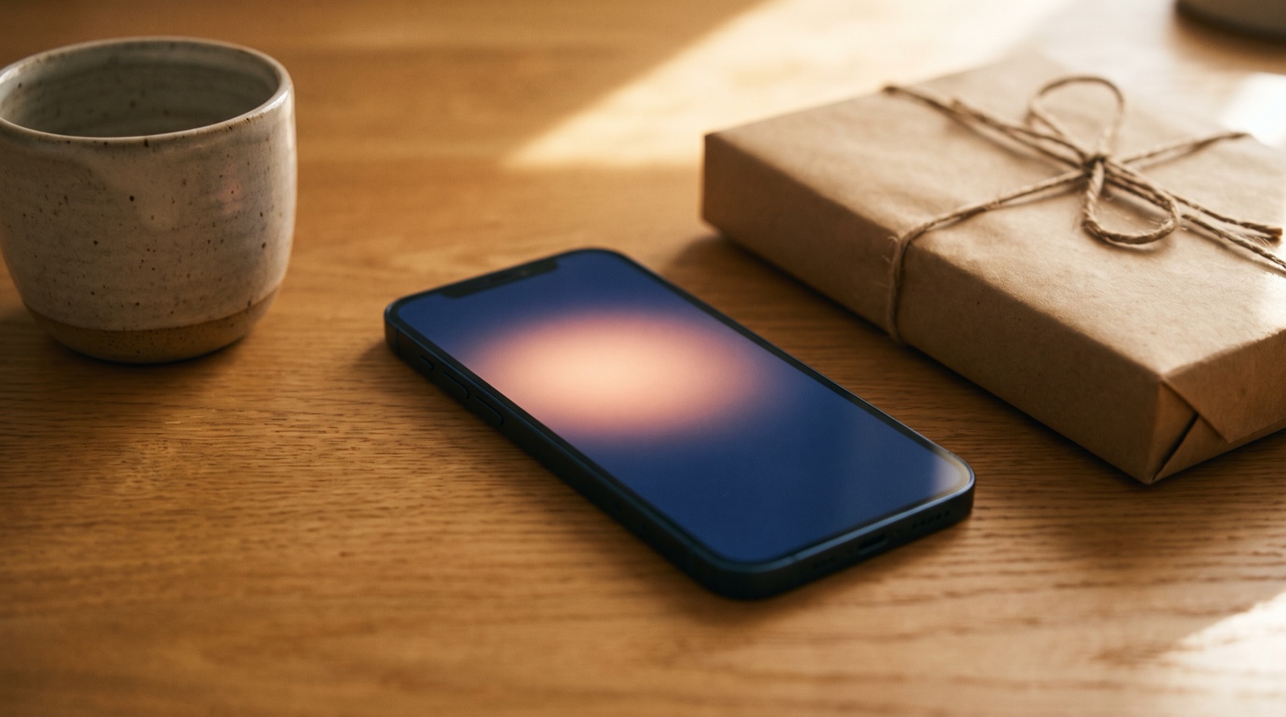 A phone on a desk beside a wrapped parcel